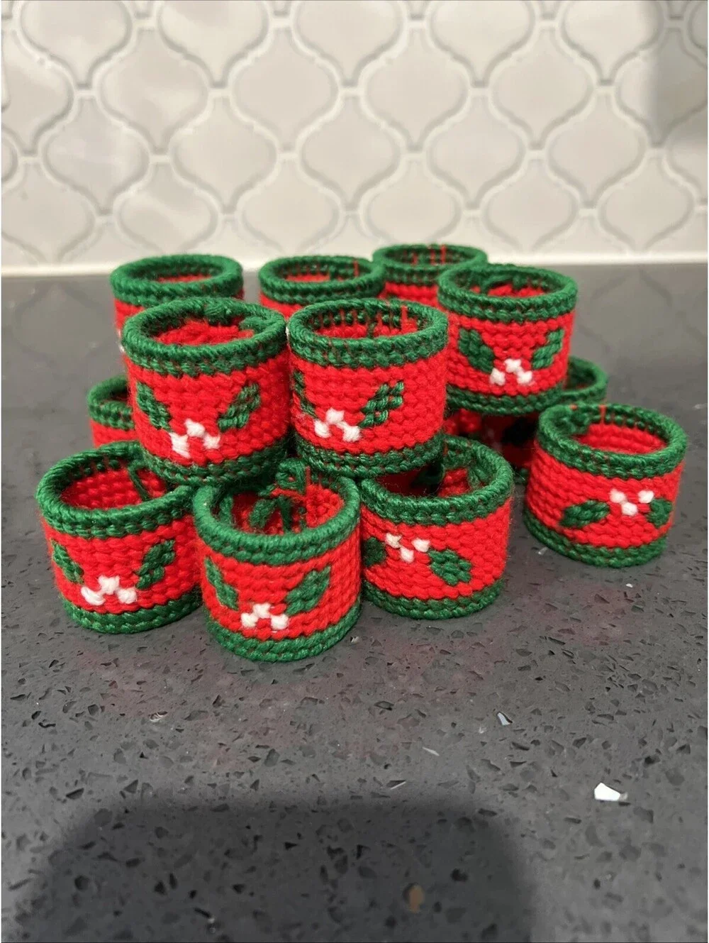 Handmade Needlepoint Holly Berry Christmas Napkin Ring Set of 17 Red Green White